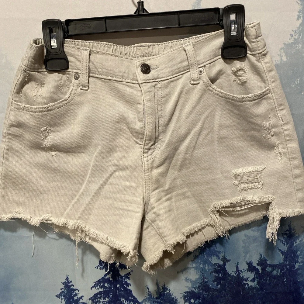 Aerie Khaki Distressed Shorts S Elastic Waist Boho Shorts